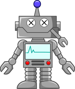 A picture of a poor, dead robot with a wrench lolling out of its mouth and a computer screen on its chest showing a heartbeat that is now flat-lined. RIP Robot.