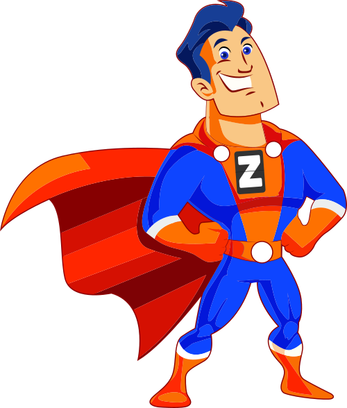 A live human being, ZipVal Superhero coming to the rescue. He's dressed in a red and blue cape and has the Z from ZipVal as a logo on his chest.