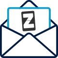 An open email envelope icon with a piece of paper sticking out of the top with a blue border and the Z from the ZipVal logo printed on it.